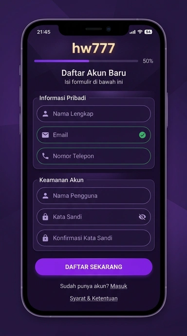 Tampilan halaman daftar hw777