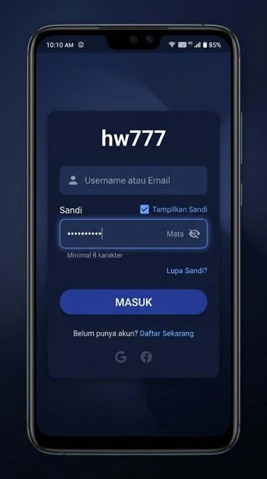 Tampilan halaman login hw777